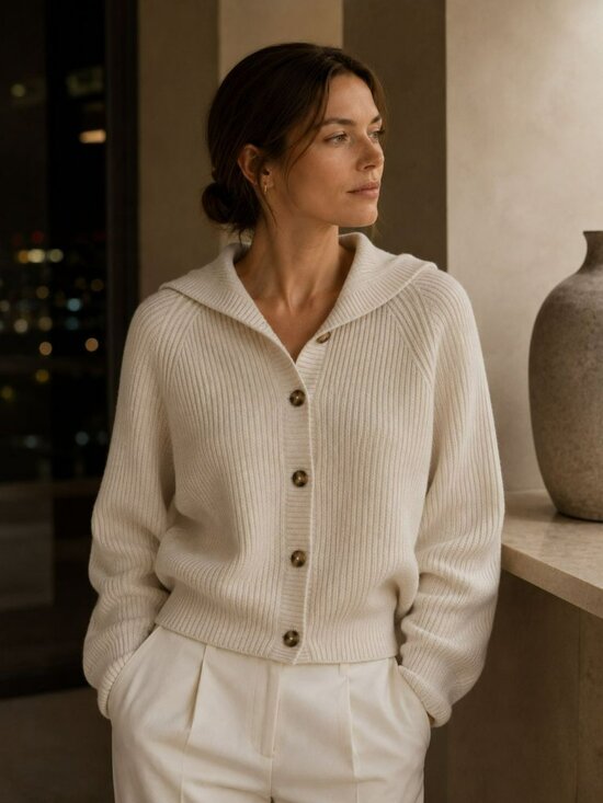 GWYN Sweaters - G. Label by Goop GWYN Cream Bella Button Bomber Cardigan Sweater Minimalist